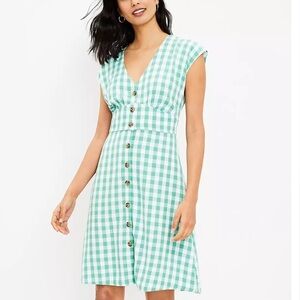 Ann Taylor LOFT Green Gingham Button Dress 4 Checkered Cottagecore Prairie
